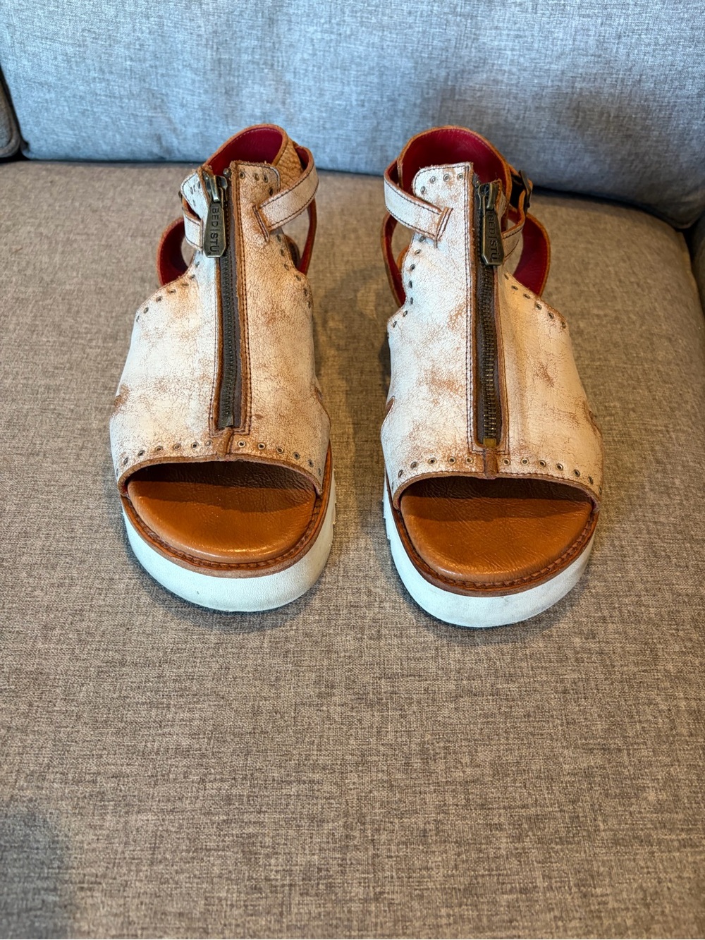 Bed Stu Beige Leather Zip-Front Platform Sandals